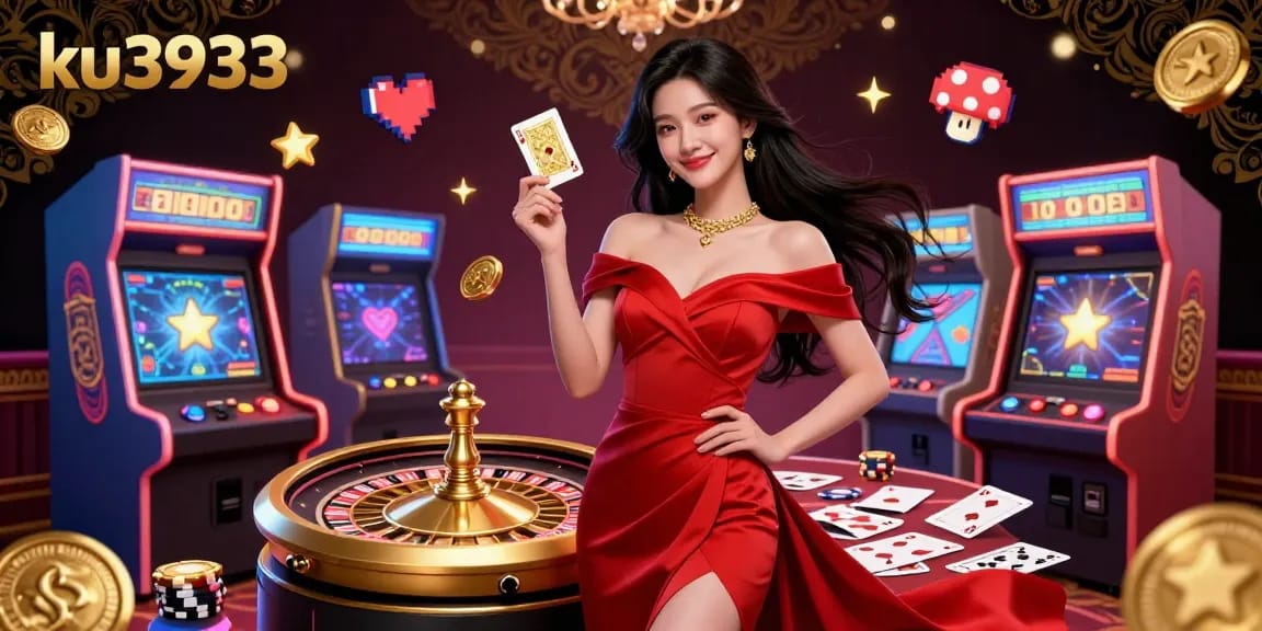 Engage with ku3933 as a confident Asian woman showcases her skills at the golden roulette wheel surrounded by lively casino elements.
