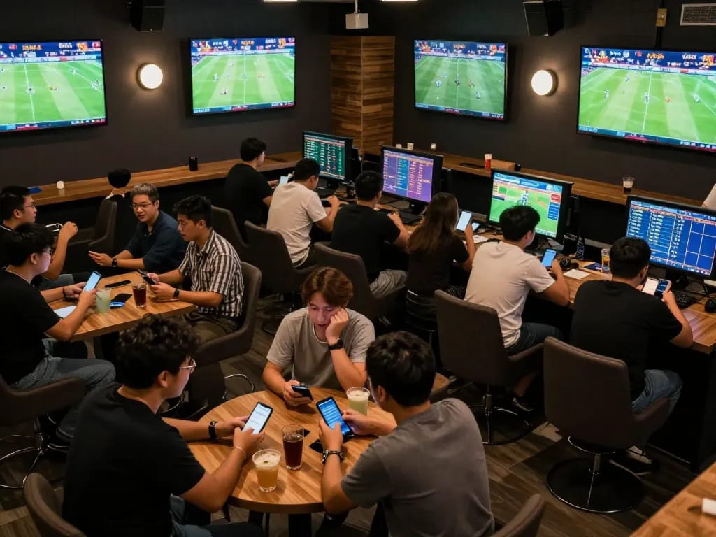 Fans engaging with Tỷ Lệ Bóng Đá while placing bets in a lively sports betting lounge.