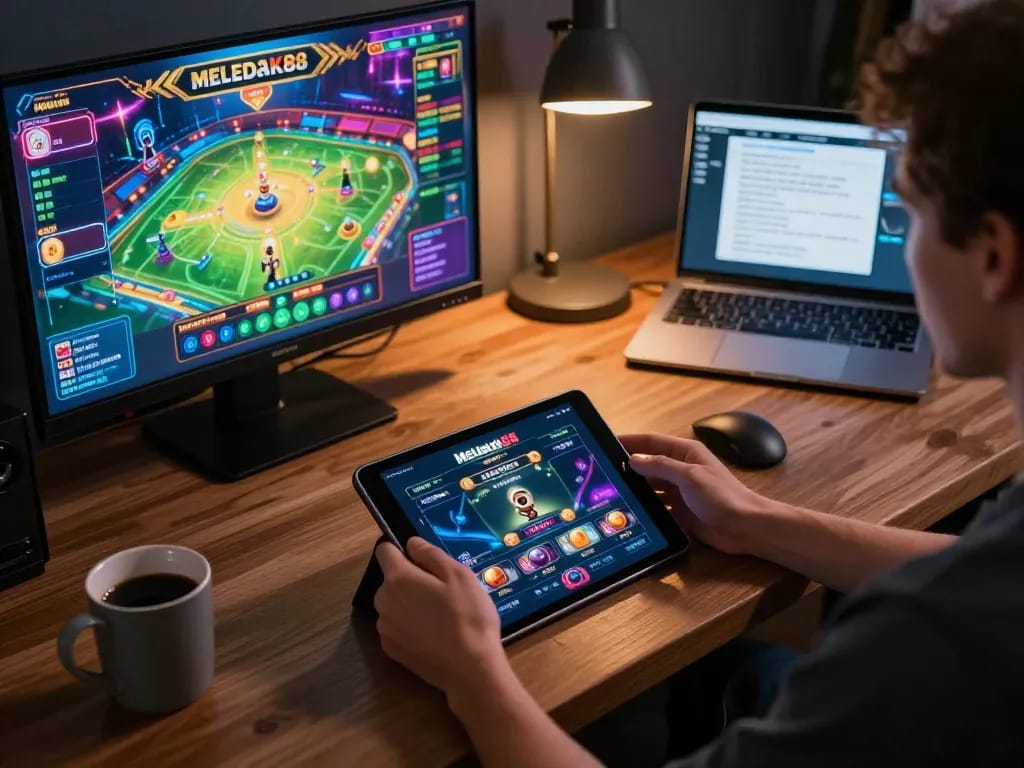 Berinteraksi dengan aplikasi kasino meledak88 di tablet modern dalam pengaturan permainan yang nyaman.