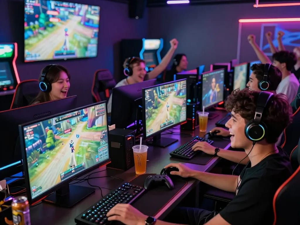 Engaging gaming scene featuring meledak88 players enjoying multiplayer games in a lively lounge.