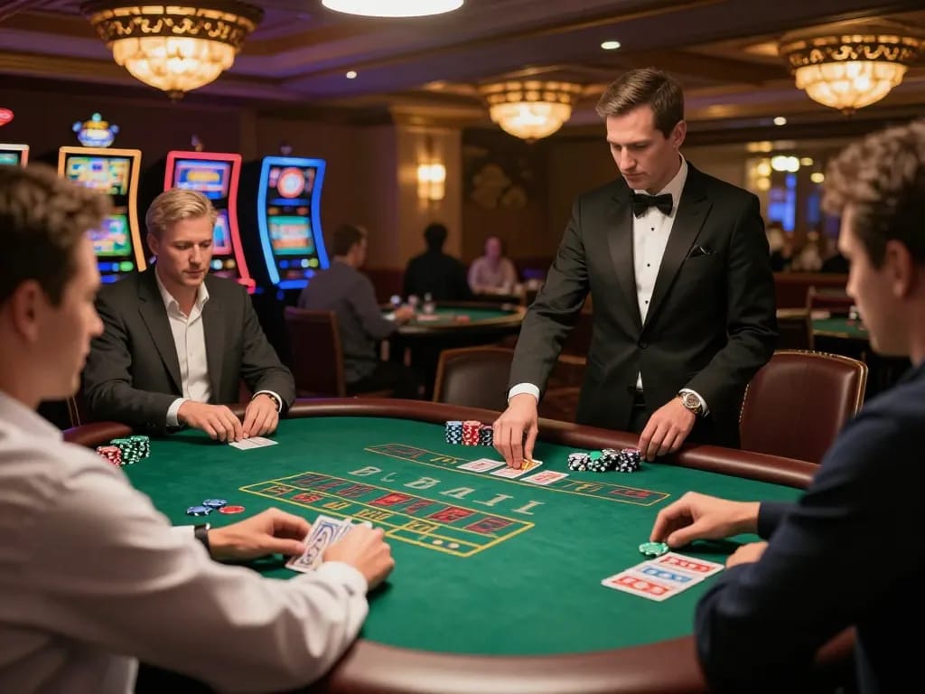 CM88 table games showcase players actively strategizing at a blackjack table in a vibrant casino environment