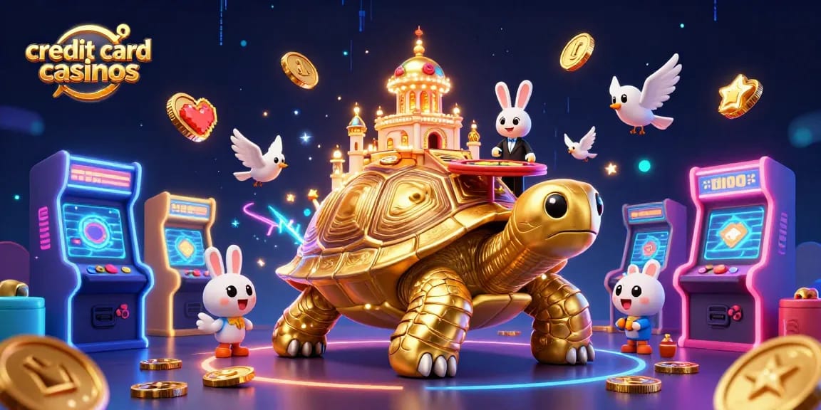 Experience thrilling gameplay at credit card casinos featuring giant tortoise and rabbit dealer!