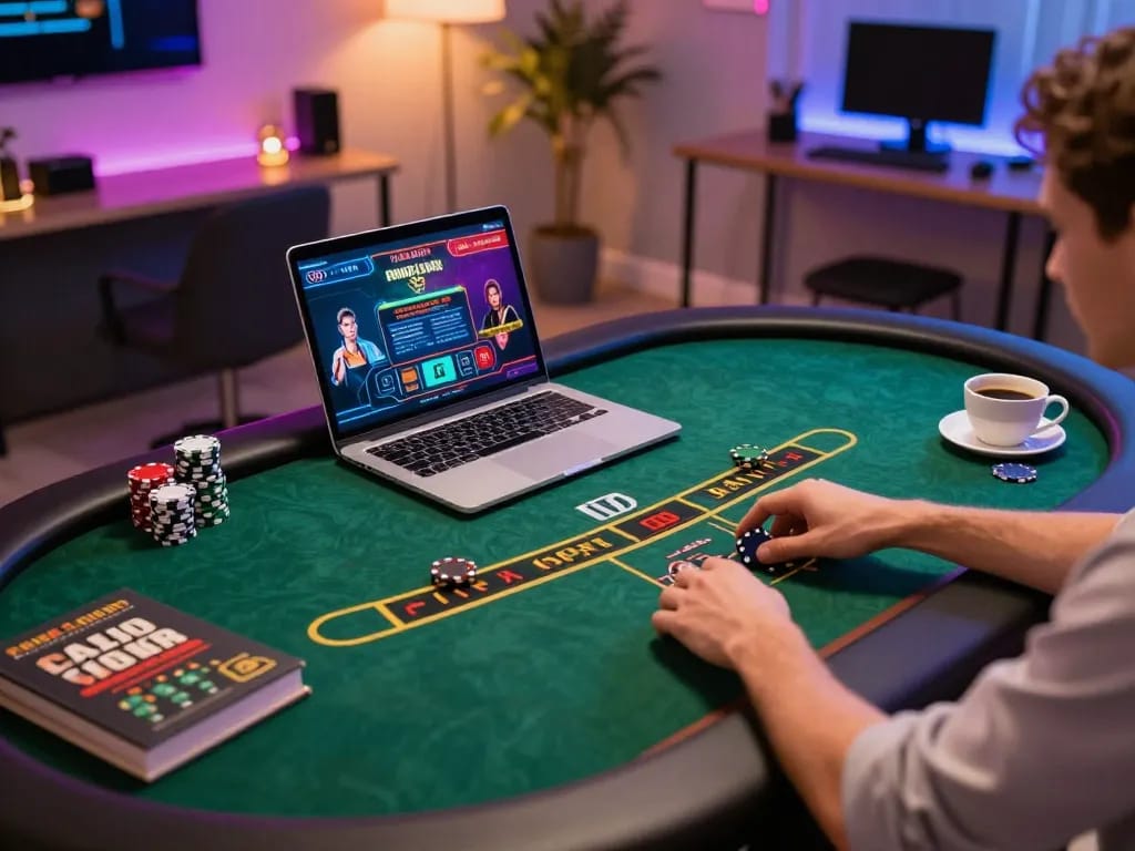 Engaged player strategizing on nk88 online poker interface in cozy home setup.