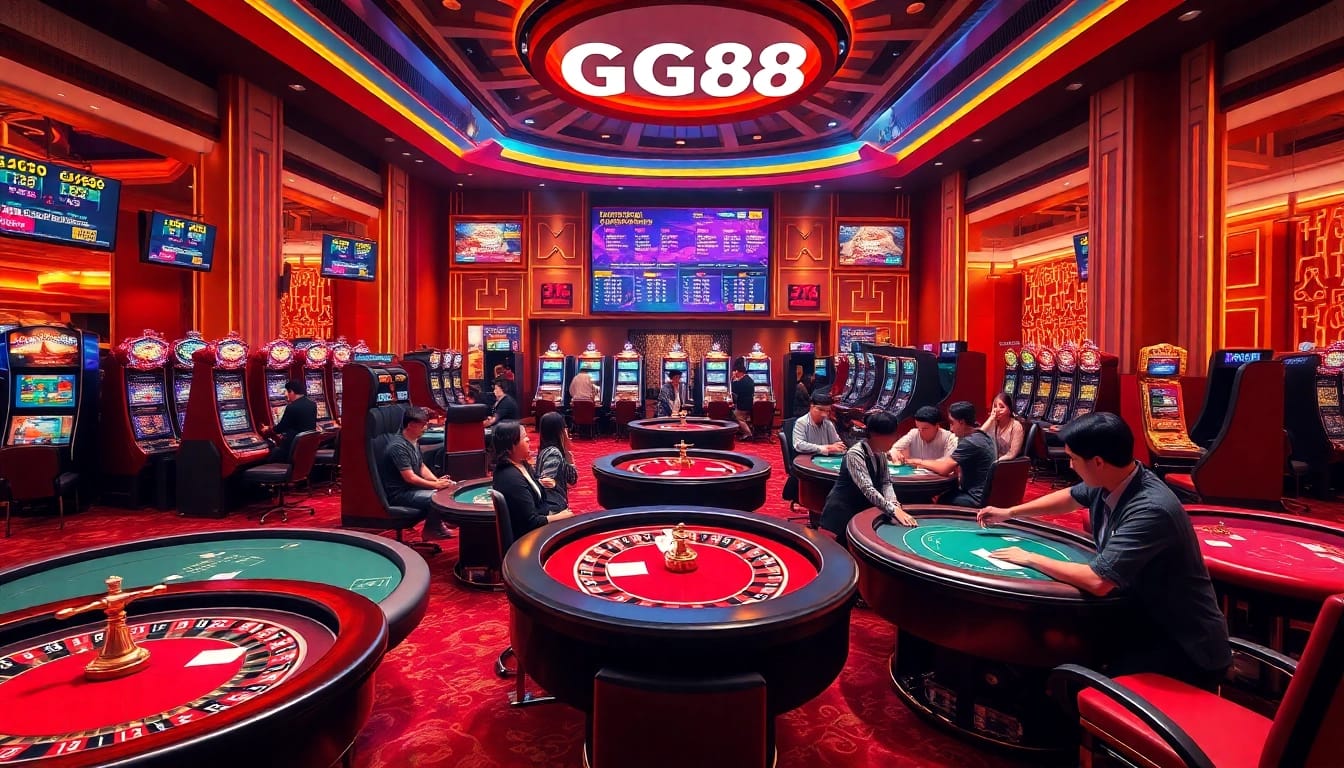 GG88 players enjoying a vibrant casino atmosphere with poker tables and slot machines.