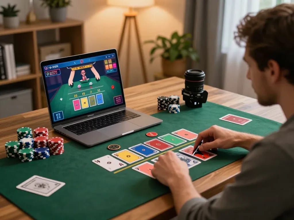 Engaging online blackjack gameplay on cm88, showcasing chips and strategic hands in action.