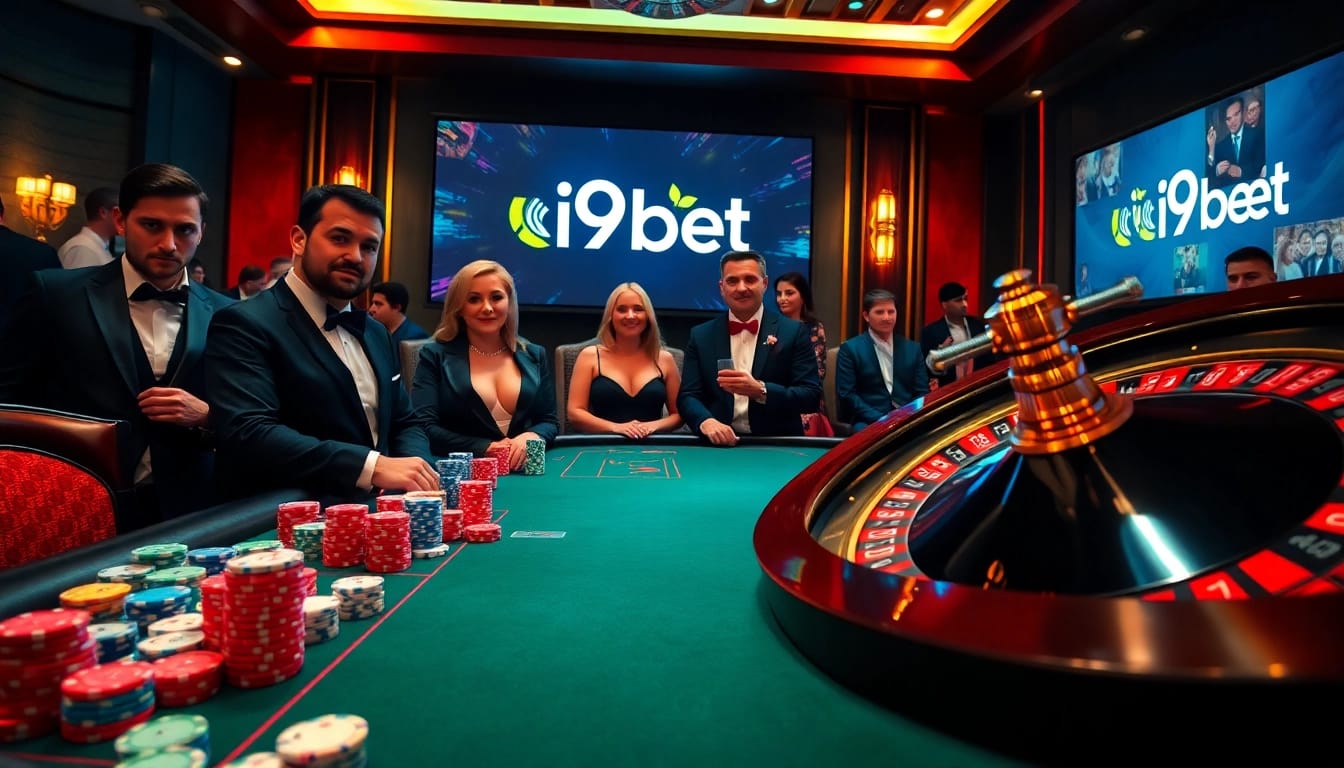 High-stakes poker game at i9bet casino, showcasing vibrant chips and cards amid an elegant setting.