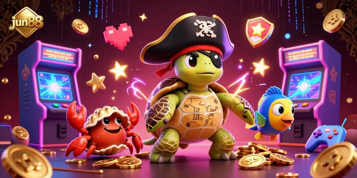 Win big with jun88's vibrant casino adventure featuring a pirate turtle and treasures in a dynamic scene.