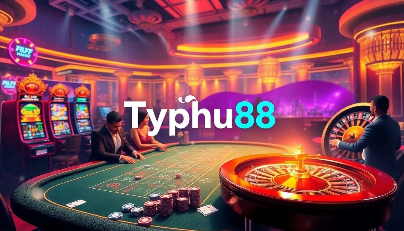 Gamble and win at Typhu88 with vibrant casino visuals of poker, slots, and roulette.