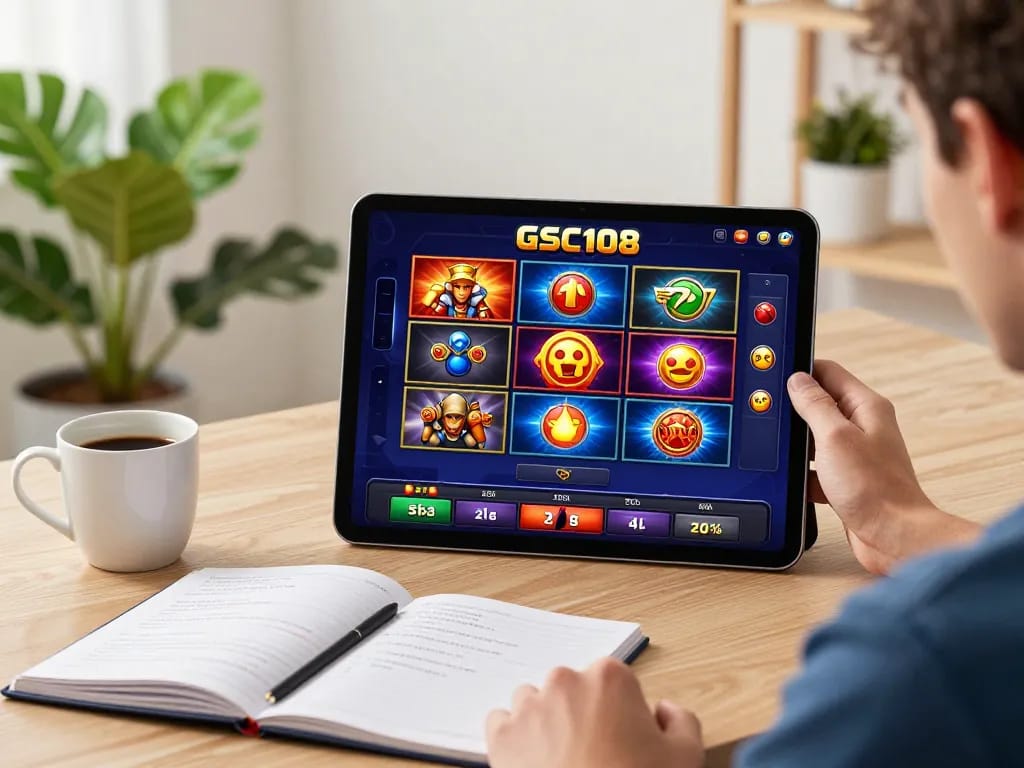 Playing Gsc108 slots on tablet in a stylish home office for exciting online gaming entertainment.