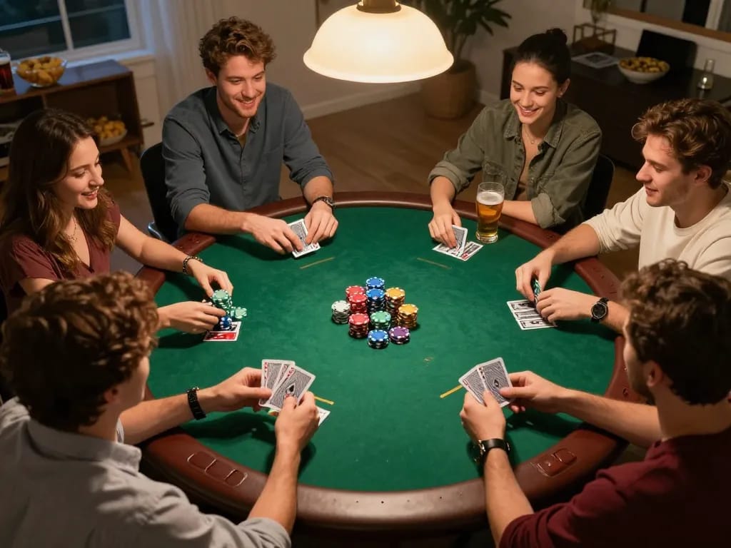 Players enjoying a thrilling home poker night while betting at nhà cái nk88.