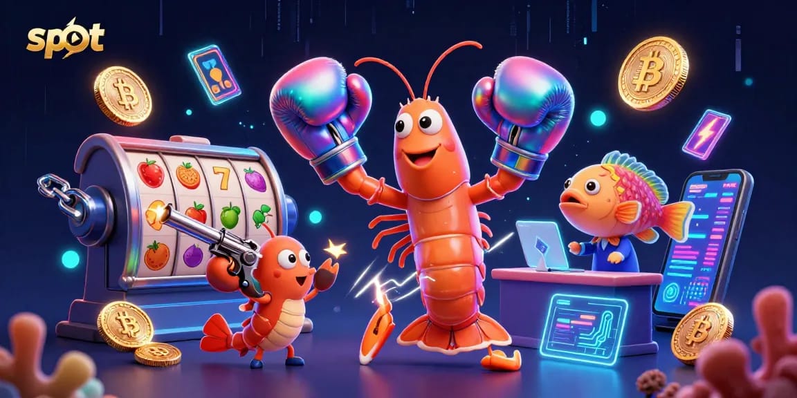 Permainan slot dengan karakter udang mantis berwarna cerah dan simbol jackpot menarik di sekitarnya
