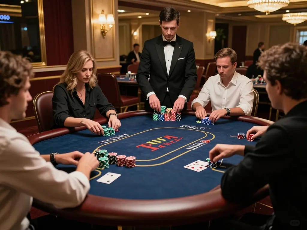 Jun88 poker table scene with engaged players showcasing strategic gameplay and luxurious casino atmosphere.
