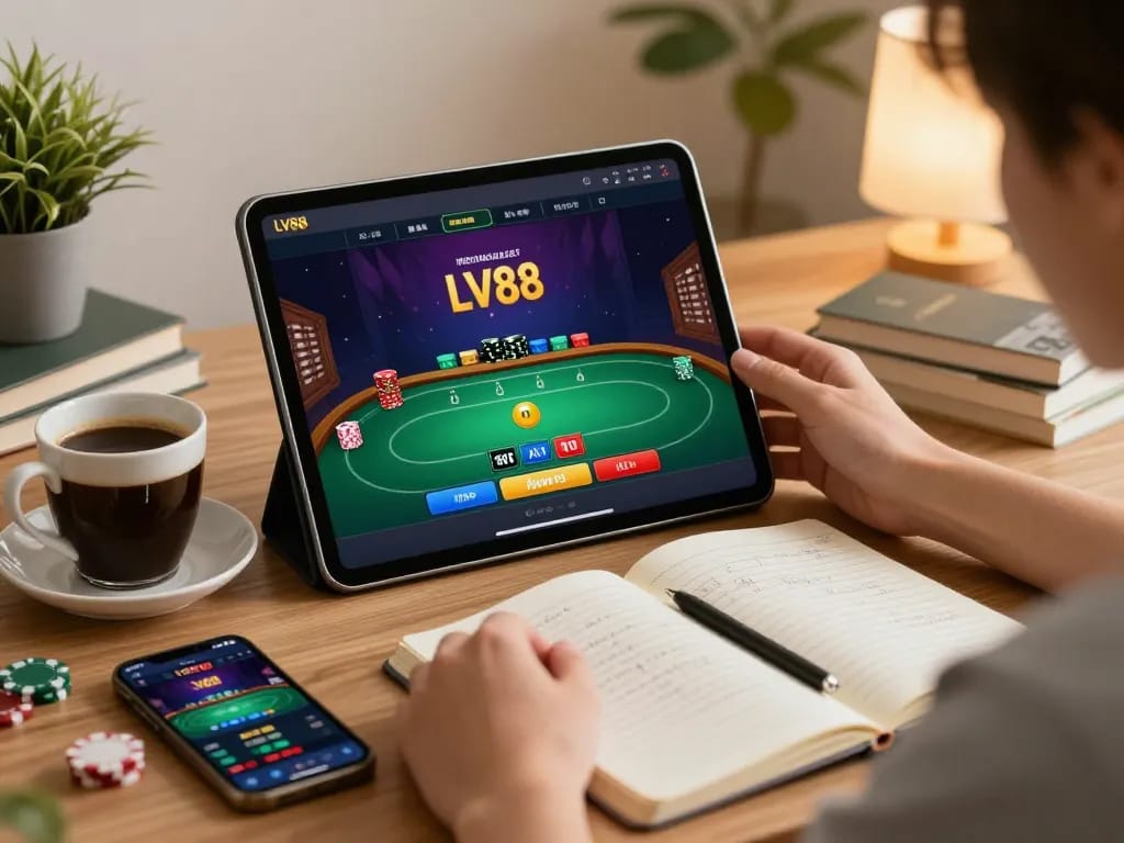 Engaging LV88 online gaming scene with players enjoying responsible gambling at home.