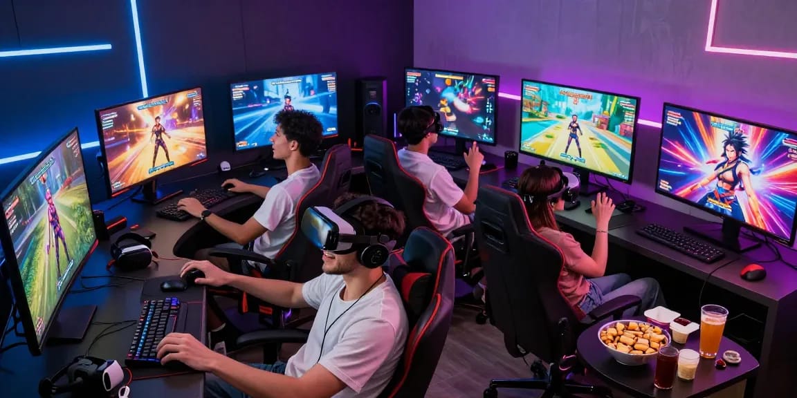 Group enjoying hentai games in a lively gaming room.