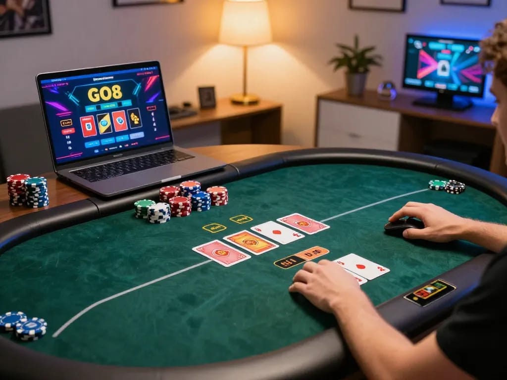Experience the thrill of online poker gameplay on GO8, featuring vibrant graphics and animated cards.