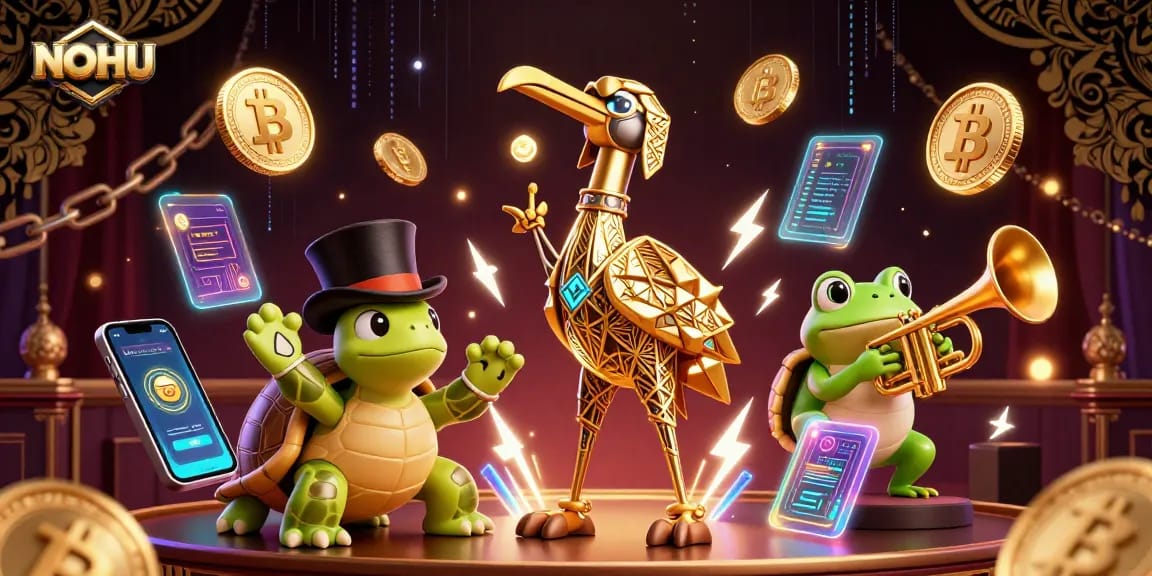 Engage with NOHU's premier online casino with vibrant characters and neon crypto elements.