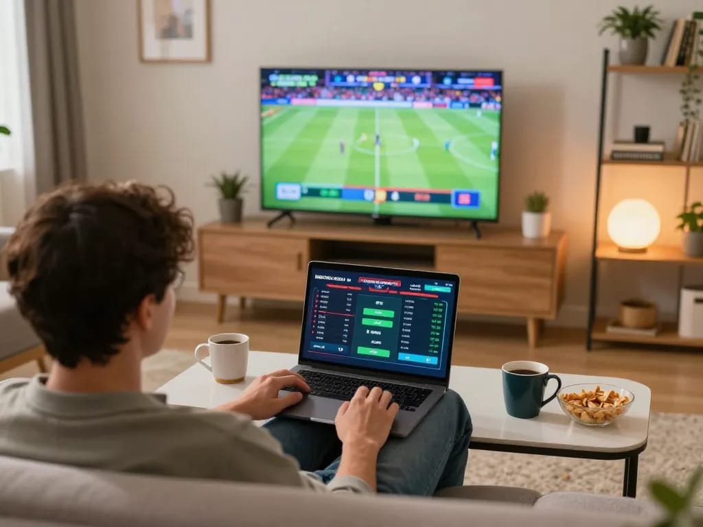 Person using situs smartcityhostels for online sports betting in a cozy home environment