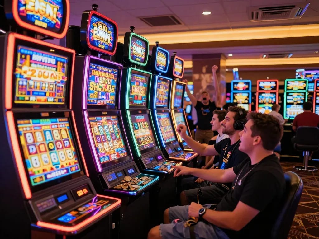 Players excitedly engaged at vibrant slot machines, showcasing the thrill of slot gaming.