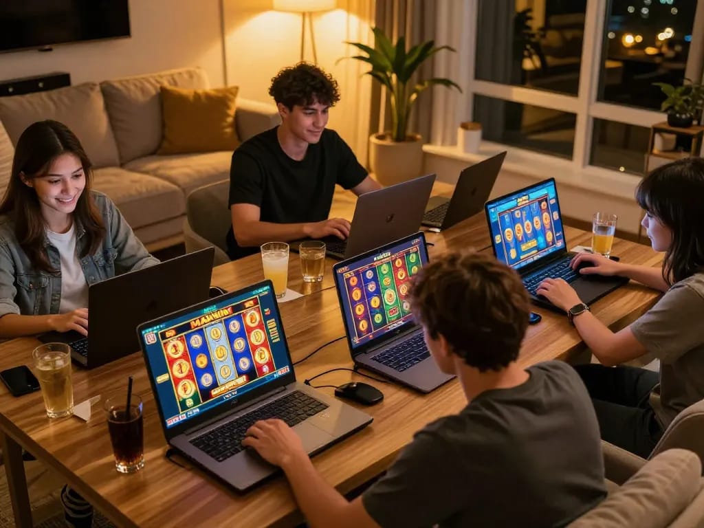Playing Slot Maxwin on laptops in a vibrant online casino setting with warm, inviting atmosphere.