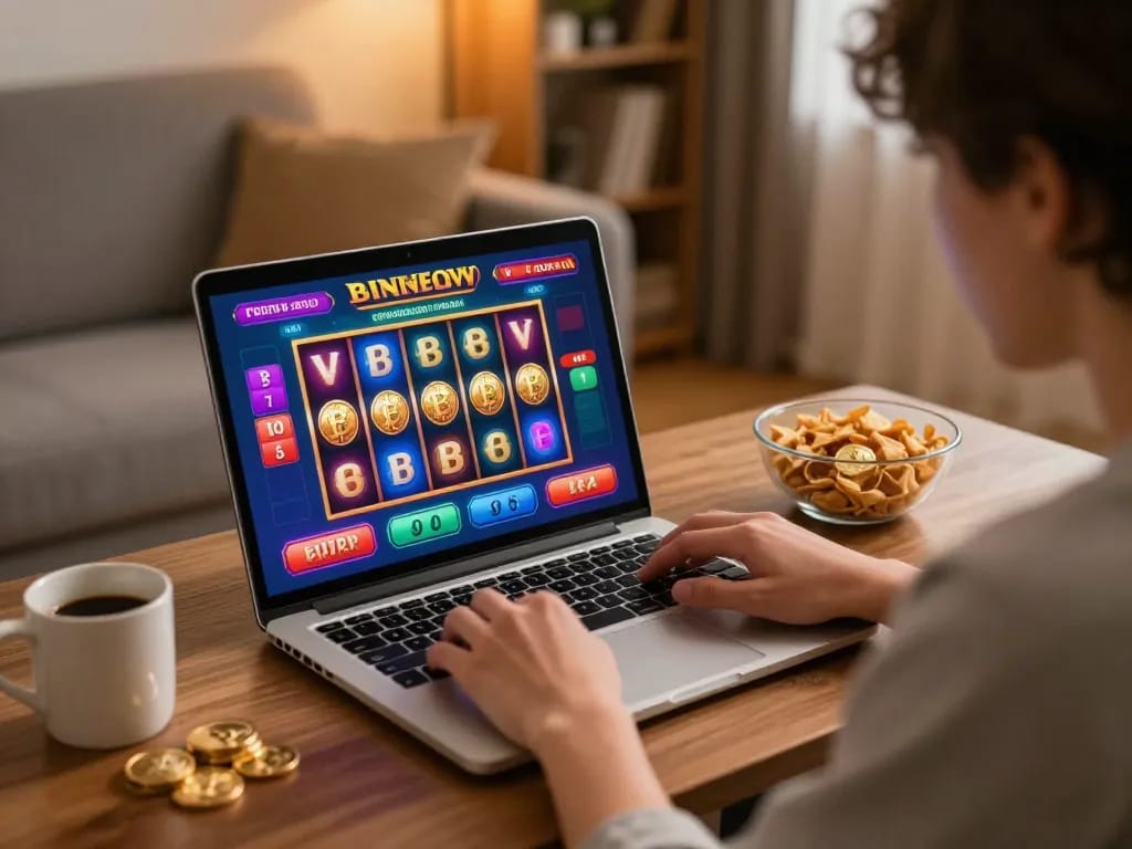 Engaging scene at a crypto gambling site with player focused on spinning slot reels during a cozy gaming session.