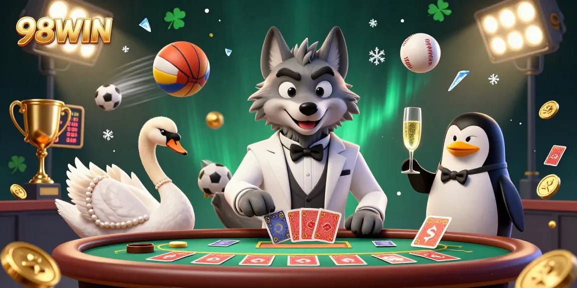 Experience the thrill of online gaming at 98WIN with a lively casino scene featuring vibrant characters and dynamic elements.