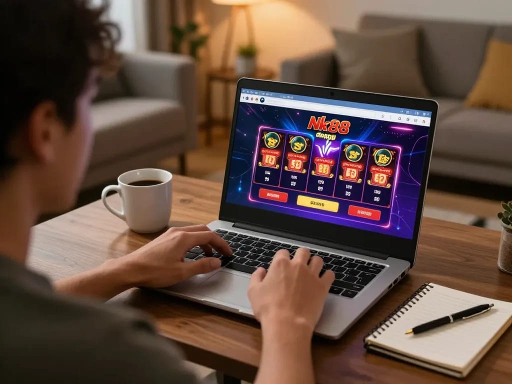 Engaging in online gaming with Nk88 đăng nhập on a laptop at home, surrounded by strategy notes.