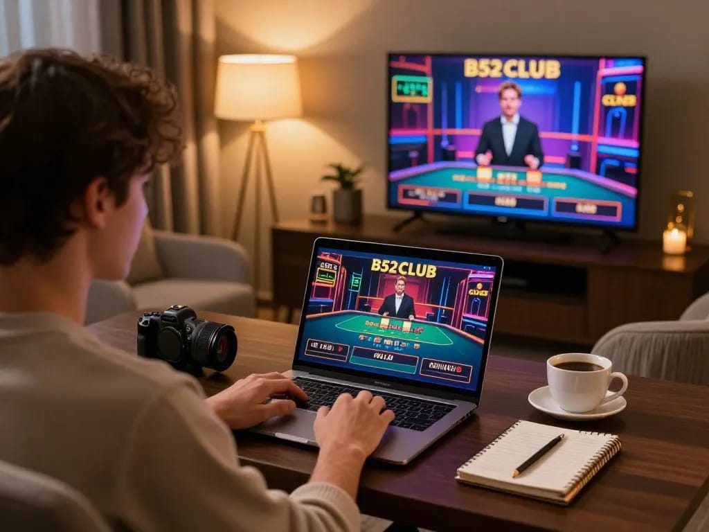 B52CLUB live dealer game session at home with cozy setup and strategy notebook.