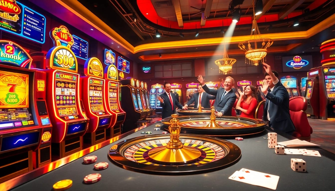Suasana kasino yang menarik dengan pemain menikmati mesin slot di rajampo, merayakan kemenangan dengan chip dan kartu.