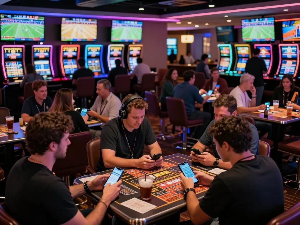 Mpoid: Excited patrons placing bets in a modern sports betting lounge with live game displays