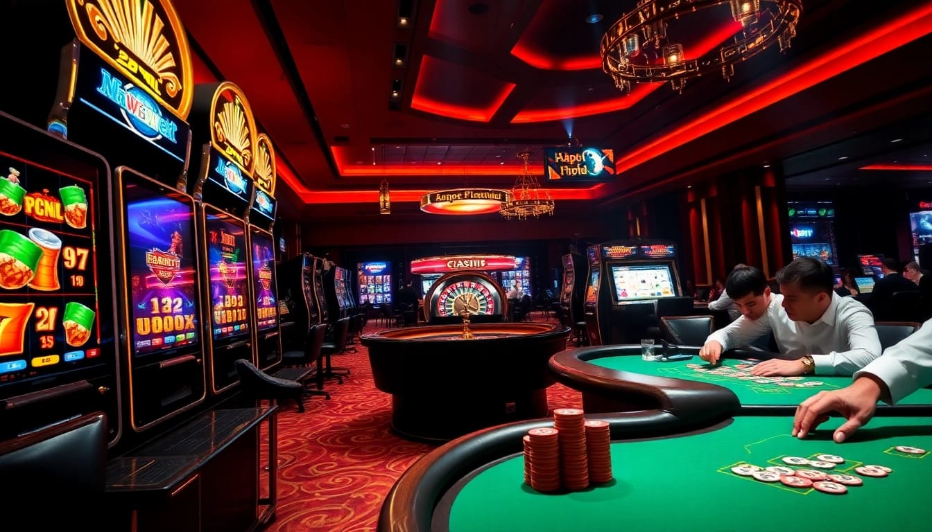Players enjoying the excitement of casino games at 68win with vibrant slot machines and poker tables.
