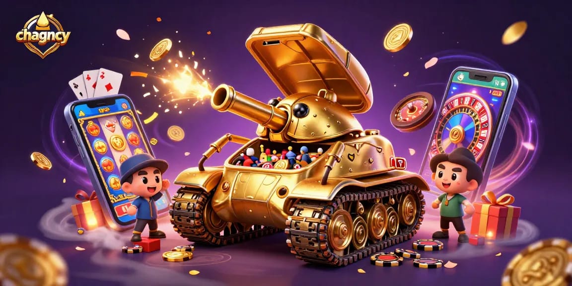 chagency showcases a vibrant 3D cartoon casino scene featuring a golden beetle tank and interactive gaming elements.