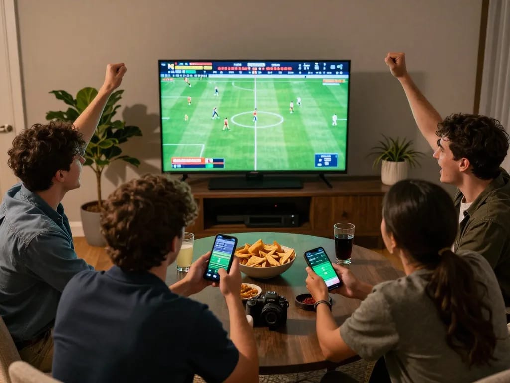 Socolive app being used to place sports bets during a lively home viewing party
