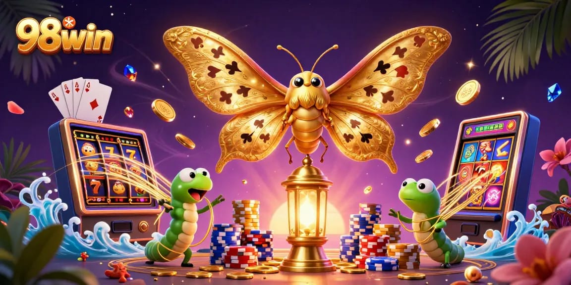 Spin the reels and win with 98win's captivating casino scene featuring vibrant slot machines and golden treasures.