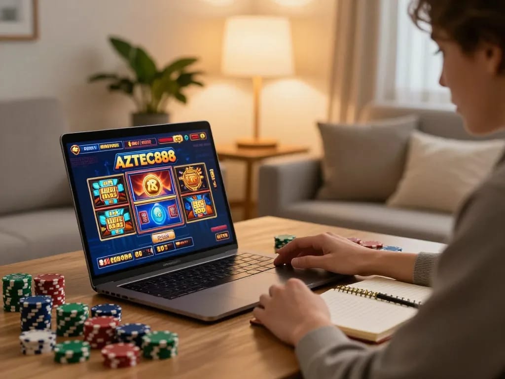 Player enjoying AZTEC888 slots on a laptop in a cozy home setting, enhancing online gaming experience.