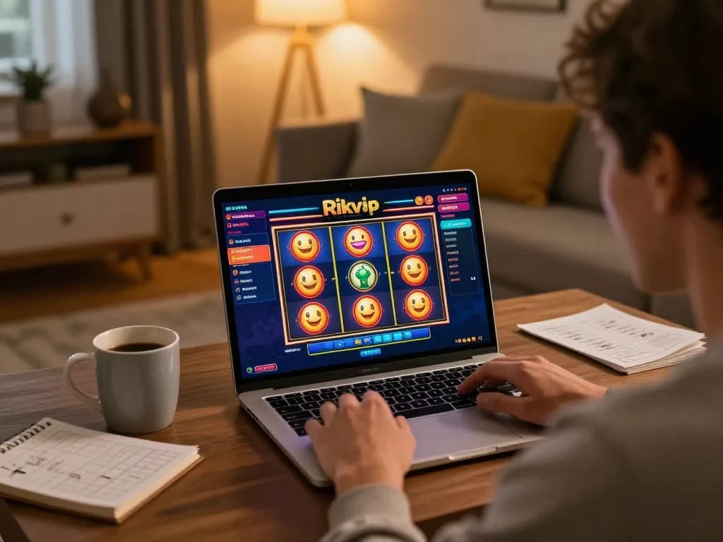 Player enjoying a thrilling Rikvip online gaming experience on a laptop at home.