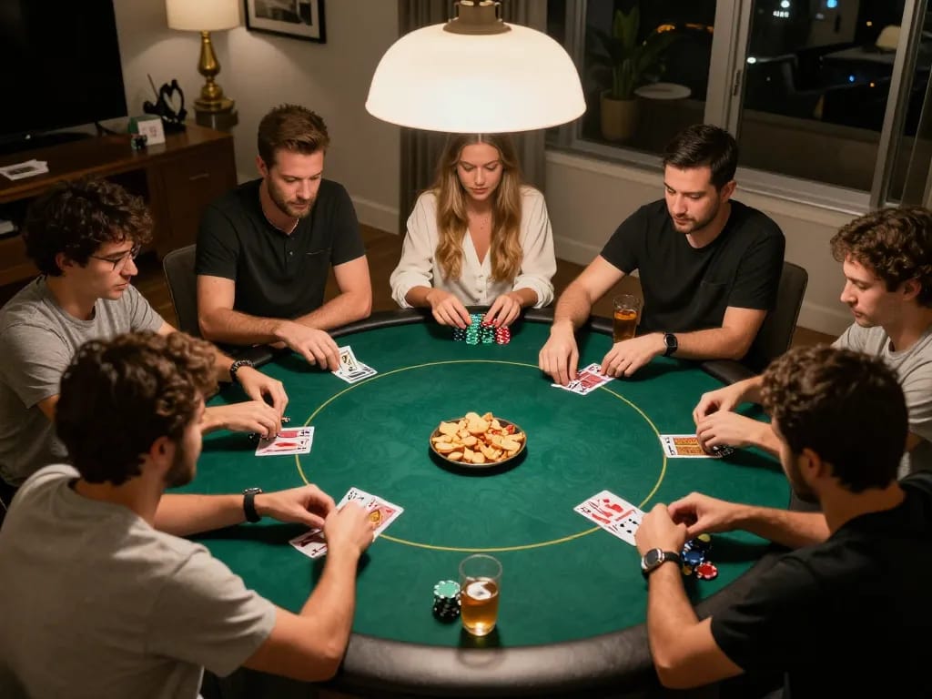 Friends enjoying a home poker game with 888NEW, showcasing strategic gameplay and social atmosphere