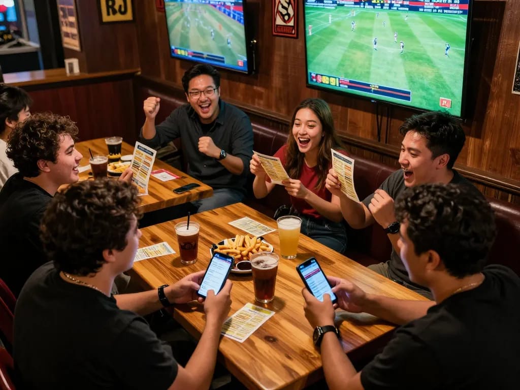 Excited group of friends enjoying sports betting at Jilipinas, cheering for their teams.