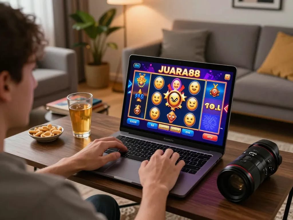 Engaging online gaming scene with JUARA88 slot game on laptop, depicting a cozy and responsible gambling environment.