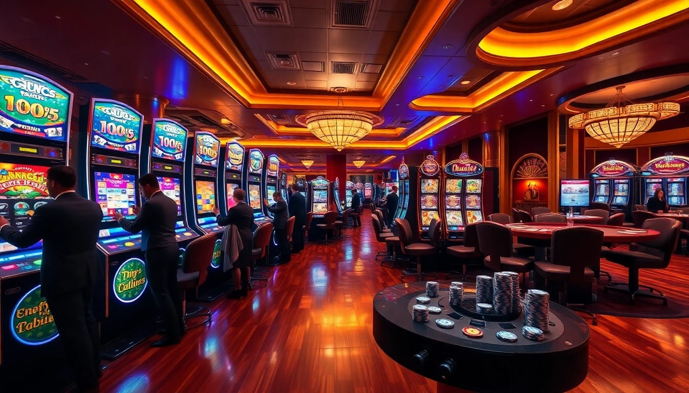 Playing slot machines at luxury12 in an upscale casino with vibrant colors and exciting ambiance.