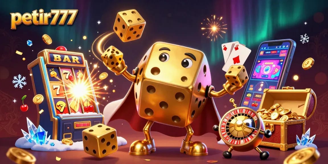 Experience the thrill of winning with petir777 in this vibrant casino illustration showcasing golden dice and jackpot symbols.