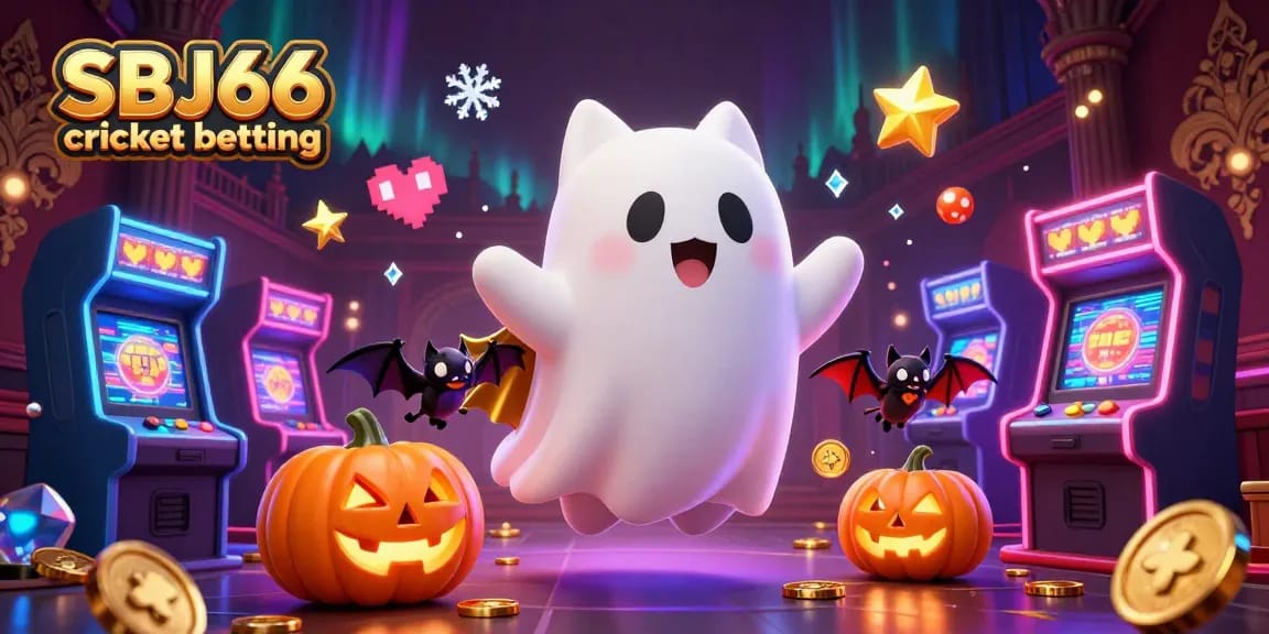 Engage in SBJ66 cricket betting amidst a vibrant casino scene with a ghost cat and vampire bat companions.