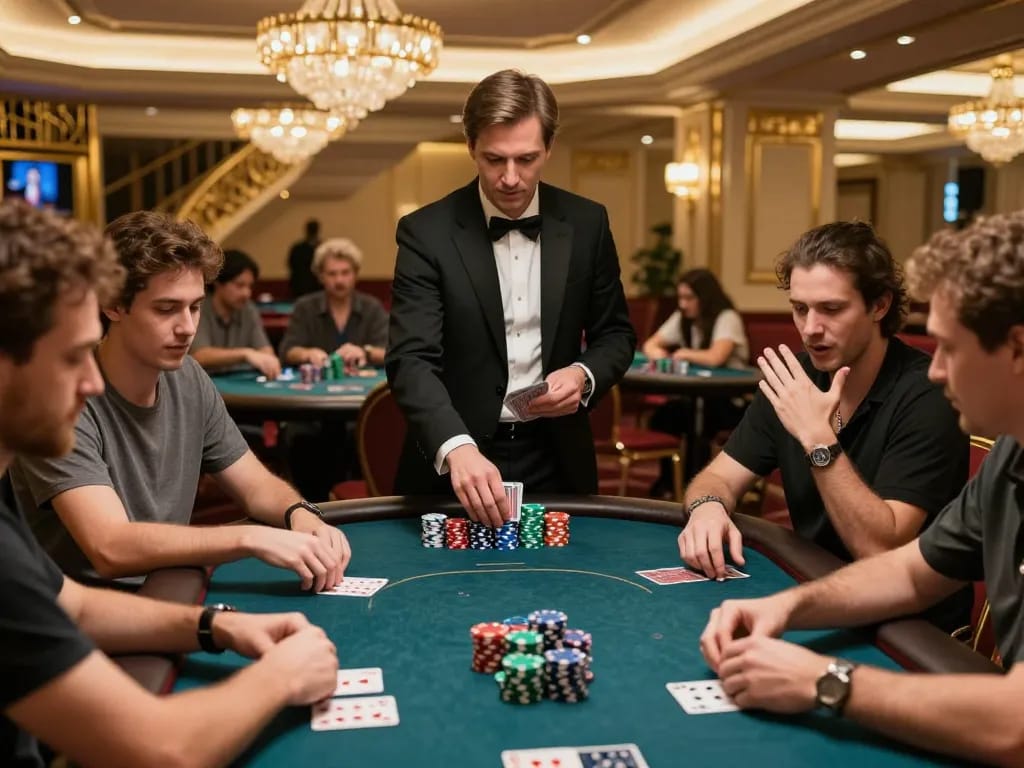 Players engaging in an intense poker game at LGOGOAL casino, with high stakes and strategic betting.