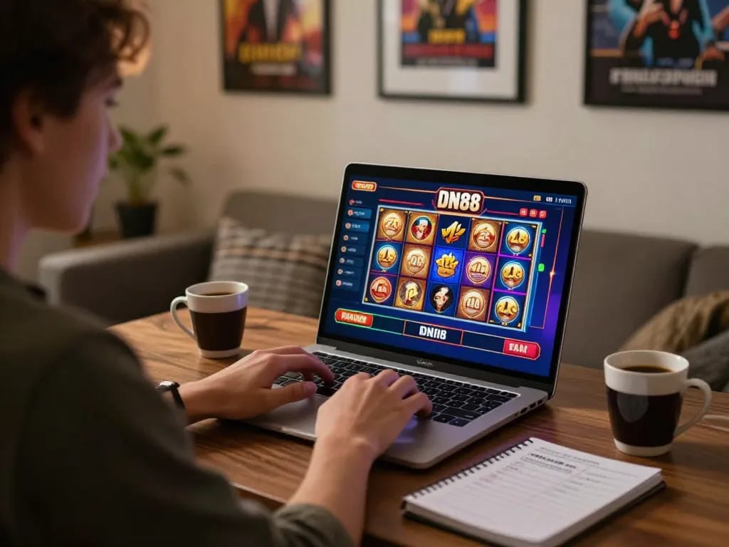 Engaging gameplay session on DN88 online casino with laptop and poker and slot games.