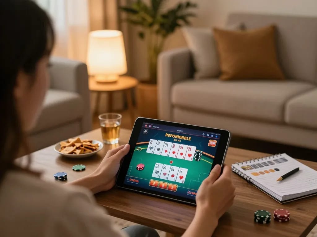 Enjoying online gambling at home with uu88 poker game on tablet, casual setup showcasing strategy notes