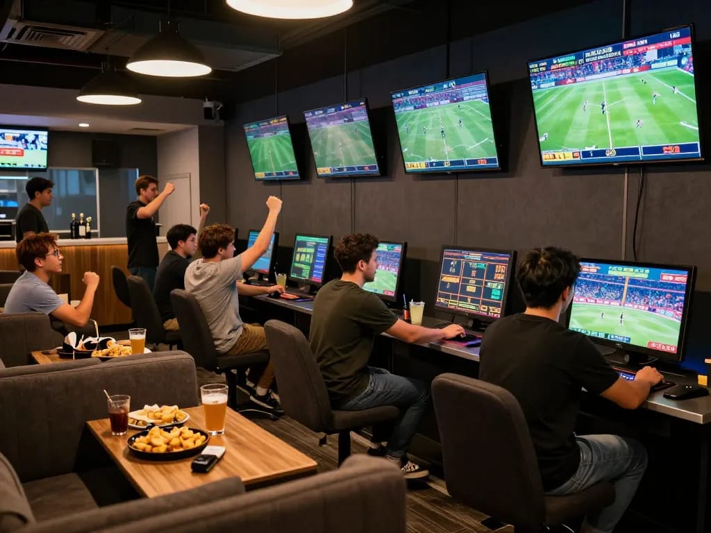 Engaged sports betting enthusiasts using various platforms at a nhà cái uy tín lounge.