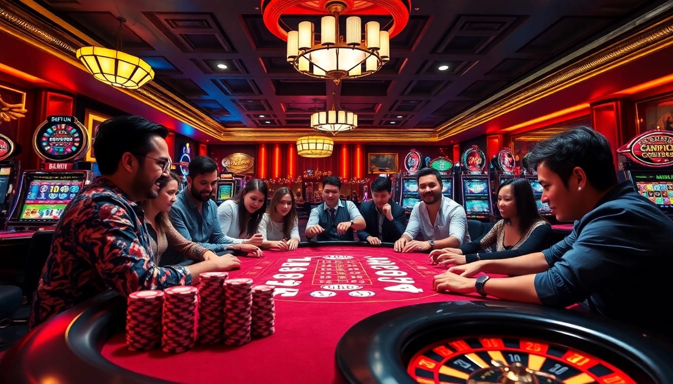 Players enjoying an exciting game at OKFUN's vibrant casino table.