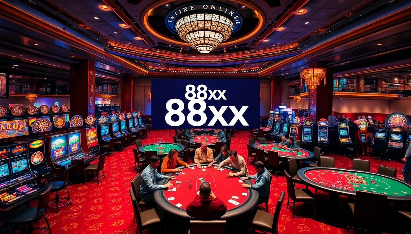 Vibrant casino scene with poker players engaged, featuring 88xx branding.