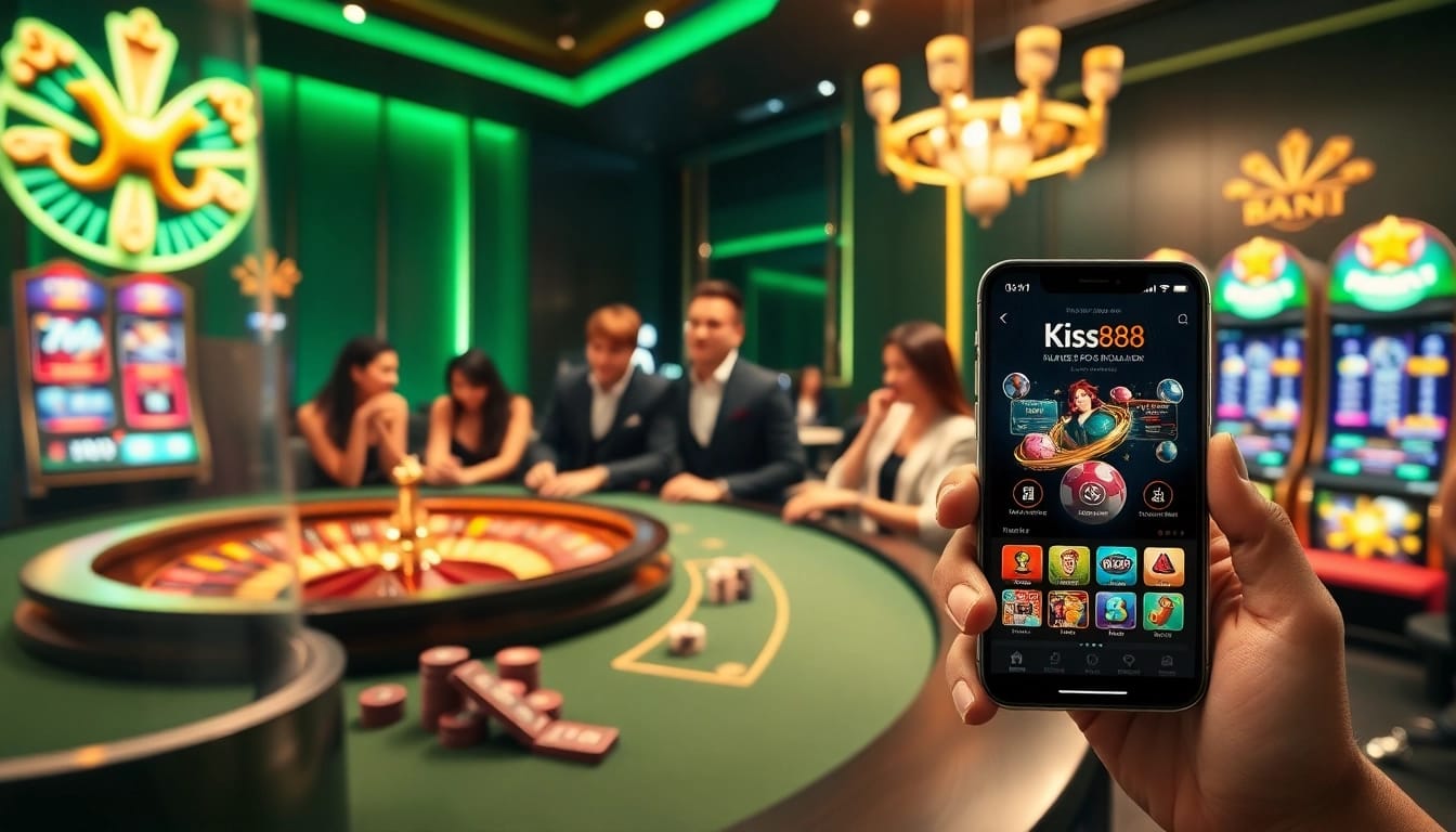 Kiss888 mobile gaming showcased with engaged players at a luxurious casino table and illuminated slot machines.