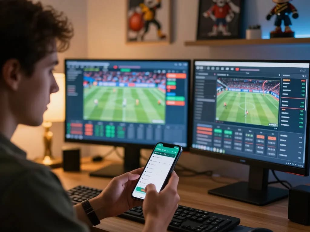 Placing bets on au88 with a smartphone and multiple screens showing live sporting events