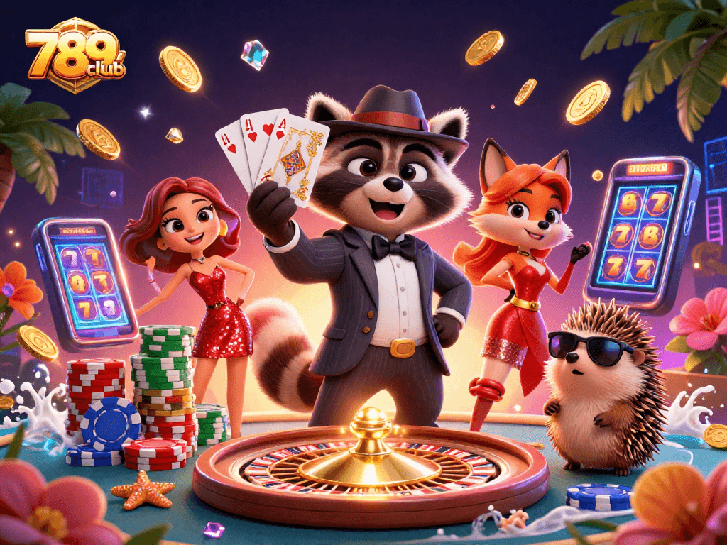 Enjoy thrilling games at 789club with character raccoon holding royal flush in casino setting.